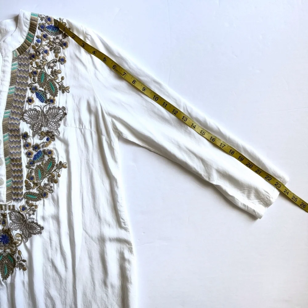 Luna Moon Floral Embroidered Tunic Top M Ivory Boho Sheer Roll Tab Sleeves Swim - Picture 11 of 11